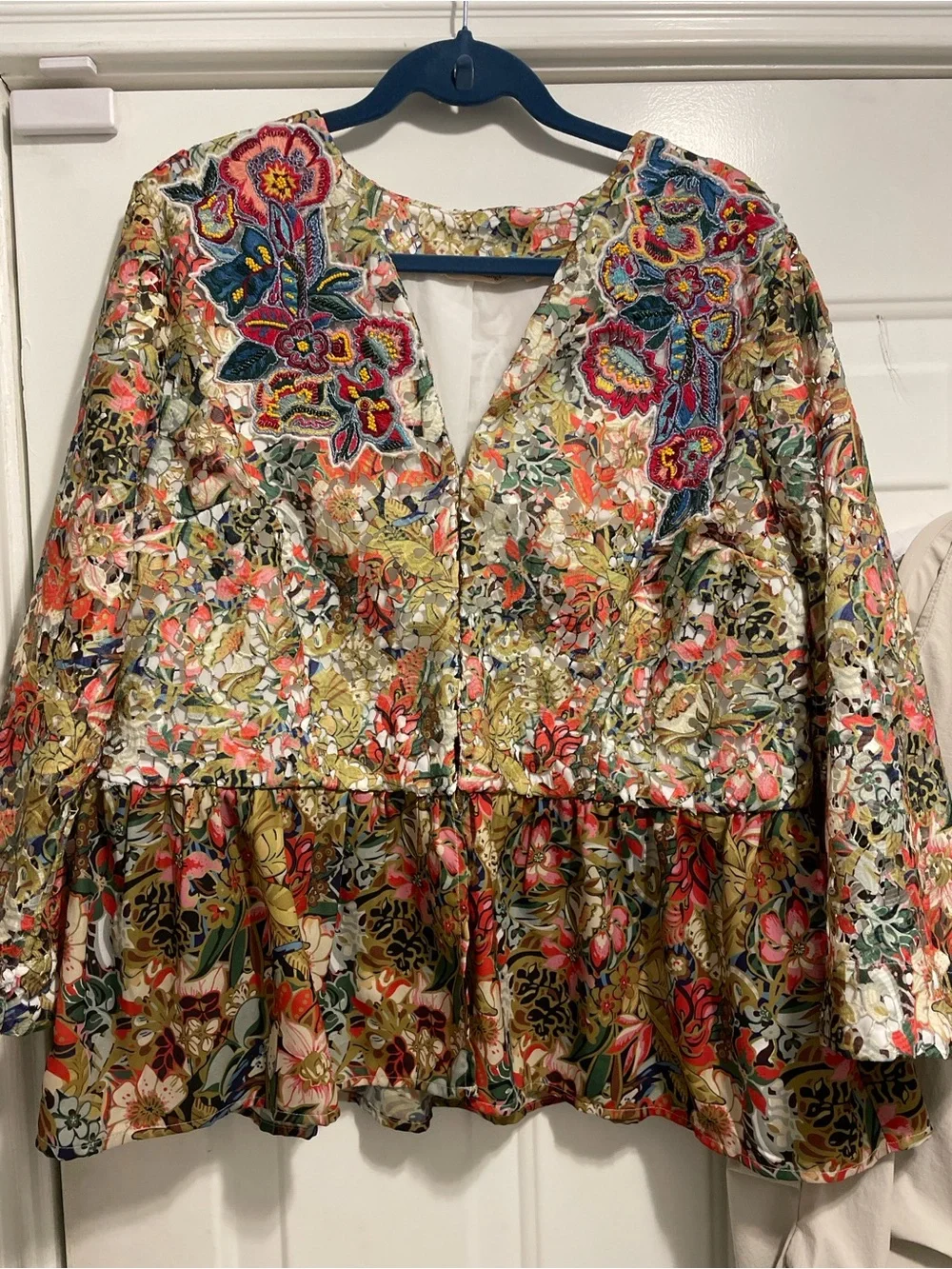 Soft Surroundings Ariege Hand Embroidered Beaded Lace Jacket XL Boho Peplum